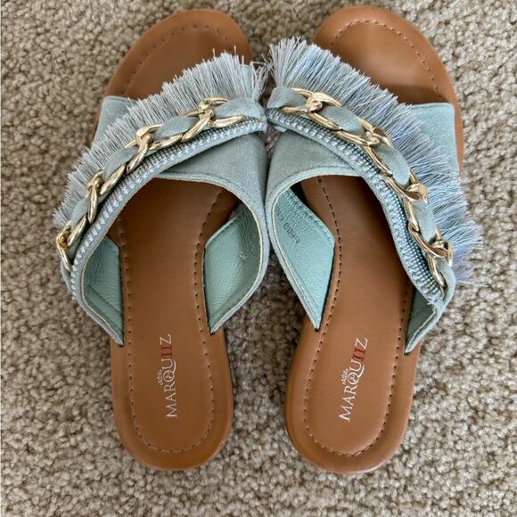 Marquiiz Fringed Suede Chain Link Slides - Seafoam Green Size 6 - Picture 3 of 7